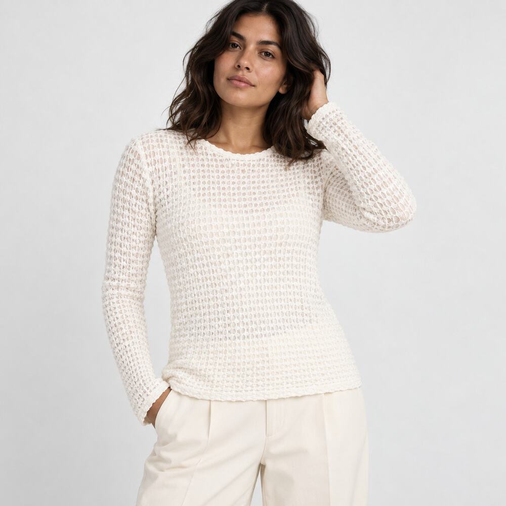 Frame Popcorn Textured Cotton-Blend Mesh Top Women L White Alabaster Long Sleeve